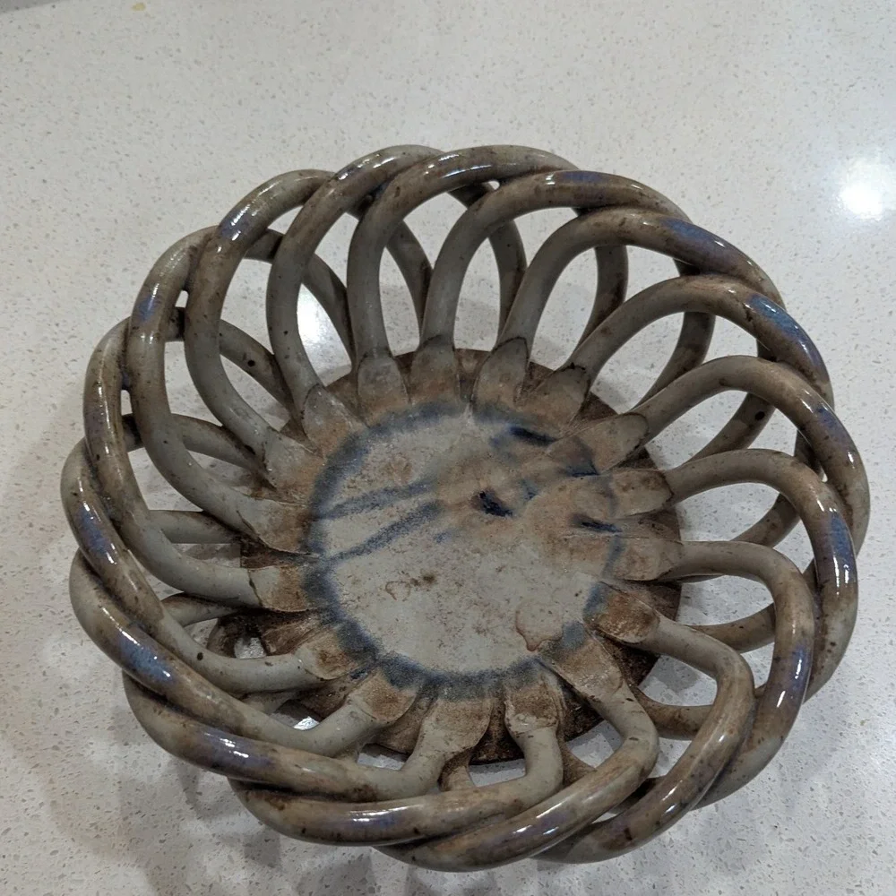 Studio Pottery Woven Lattice Basket Bowl Tan Blue Glaze Braided Ceramic 9 inch